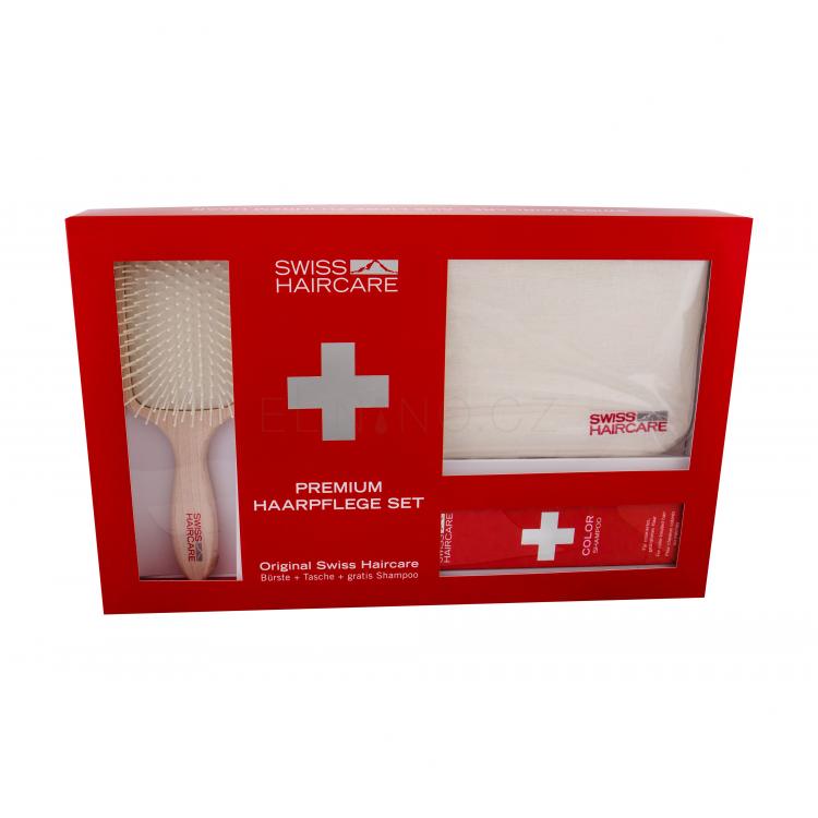Swiss Haircare Premium Dárková kazeta plochý kartáč na vlasy Paddle Brush 1 ks + šampon na barvené vlasy 200 ml + taštička