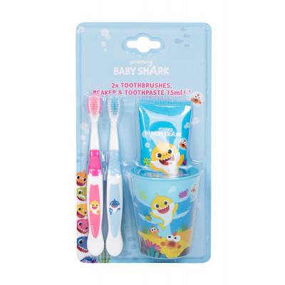 Pinkfong Baby Shark Set Dárková kazeta zubní pasta 75 ml + zubní kartáček 2 ks + kelímek na zubní kartáček
