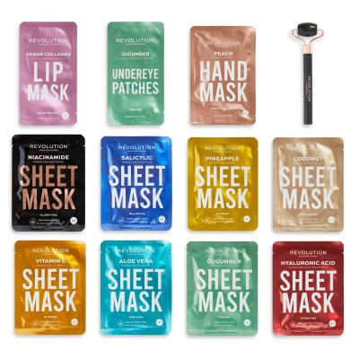 Revolution Skincare 12 Days Of Masking Sheet Mask Advent Calendar Dárková kazeta textilní pleťová maska 8 ks + maska na rty 1 ks + maska na ruce 1 ks + polštářky pod oči 1 ks + masážní váleček na obličej