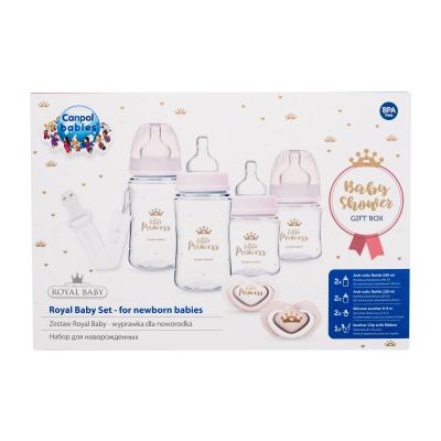 Canpol babies Royal Baby Set Little Princess Dárková kazeta kojenecká láhev EasyStart Anti-Colic 2 x 240 ml + kojenecká láhev EasyStart Anti-Colic 2 x 120 ml + dudlík Light Touch Royal Baby Soother 2 x 0-6m + stužka na dudlík Royal Baby Soother Clip With Ribbon 1 ks