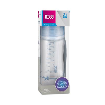 LOVI Baby Shower Glass Bottle Blue 3m+ Kojenecká lahev pro děti 250 ml