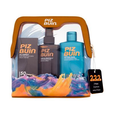 PIZ BUIN Travel Bag Dárková kazeta pleťový krém na opalování Allergy Sun Sensitive Skin Face Cream SPF50 50 ml + tělový sprej na opalování Tan & Protect Tan Intensifying Sun Oil Spray SPF30 150 ml + tělové mléko po opalování After Sun Tan Intensifying Moisturising Lotion 200 ml