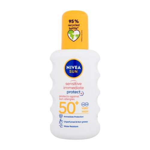 Nivea Sun Sensitive Immediate Protect+ Sun-Allergy SPF50+ 200 ml sprej na opalování pro citlivou a alergickou pleť unisex