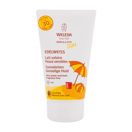 Weleda Baby & Kids Sun Edelweiss Sunscreen Sensitive SPF30 150 ml dětské voděodolné opalovací mléko na tělo i obličej pro děti