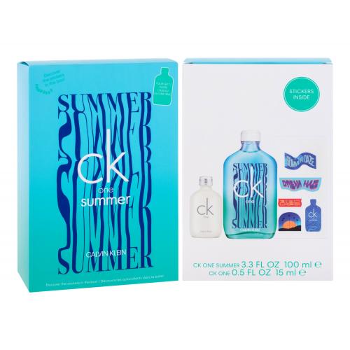 Calvin Klein CK One Summer 2021 dárková kazeta unisex toaletní voda 100 ml + toaletní voda CK One 15 ml + samolepky