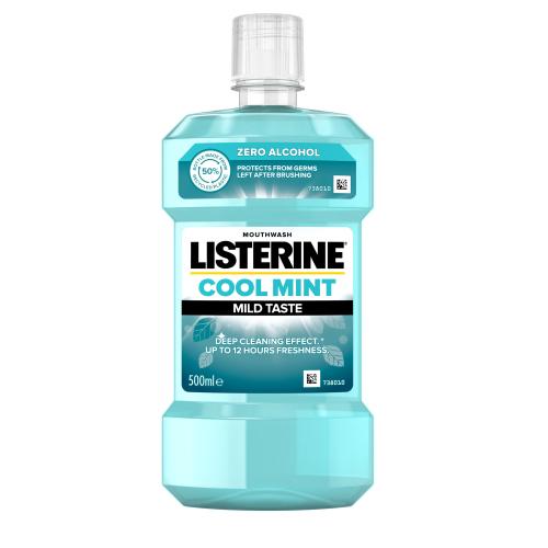Listerine Cool Mint Mild Taste Mouthwash 500 ml ústní voda bez alkoholu pro svěží dech a ochranu před zubním plakem unisex