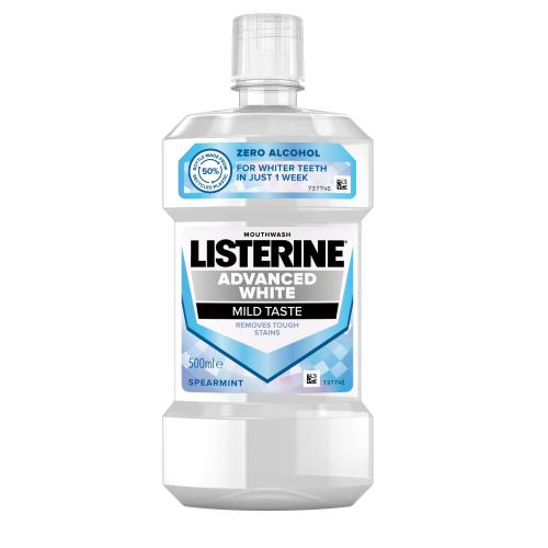Listerine Advanced White Mild Taste Mouthwash 500 ml osvěžující a bělicí ústní voda bez alkoholu unisex