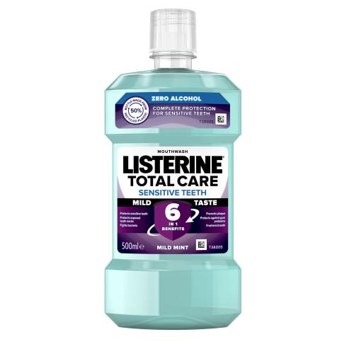 Listerine Total Care Sensitive Teeth Mild Taste Mouthwash 6 in 1 500 ml ústní voda bez alkoholu pro citlivé zuby unisex