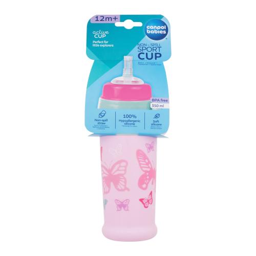 Canpol babies Active Cup Non-Spill Sport Cup Butterfly Pink 350 ml sportovní lahev se slámkou pro děti