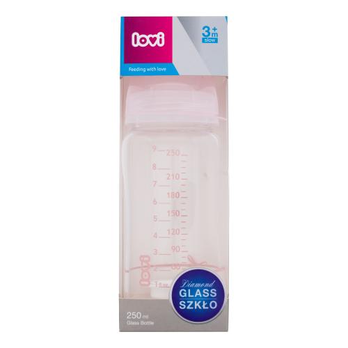 LOVI Baby Shower Glass Bottle Pink 3m+ 250 ml skleněná láhev s dynamickou savičkou pro děti