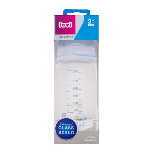 LOVI Baby Shower Glass Bottle Blue 3m+ 250 ml skleněná láhev s dynamickou savičkou pro děti