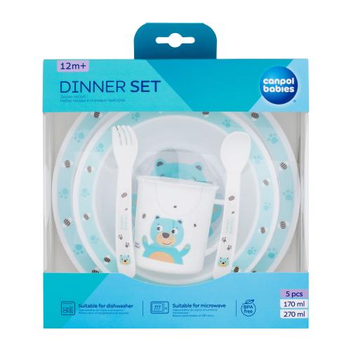 Canpol babies Cute Animals Dinner Set Bear nádobí pro děti miska 270 ml + hrnek 170 ml + talíř + lžíce + vidlička