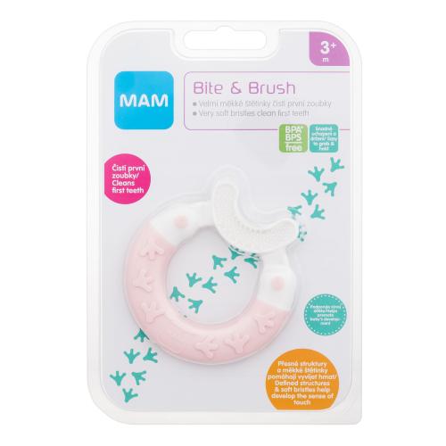 MAM Bite & Brush Teether 3m+ Pink 1 ks kousátko se štětinami pro čištění prvních zoubků pro děti