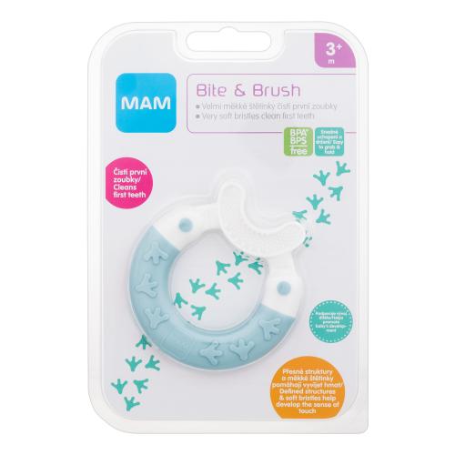 MAM Bite & Brush Teether 3m+ Turquoise 1 ks kousátko se štětinami pro čištění prvních zoubků pro děti