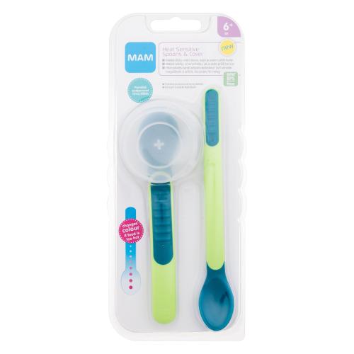 MAM Heat Sensitive Spoons & Cover 6m+ Green lžíce s indikátorem příliš horkého jídla pro děti dlouhá lžíce 1 ks + krátká lžíce 1 ks + pouzdro na lžíce