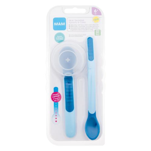 MAM Heat Sensitive Spoons & Cover 6m+ Blue lžíce s indikátorem příliš horkého jídla pro děti dlouhá lžíce 1 ks + krátká lžíce 1 ks + pouzdro na lžíce