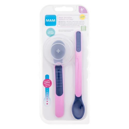 MAM Heat Sensitive Spoons & Cover 6m+ Pink lžíce s indikátorem příliš horkého jídla pro děti dlouhá lžíce 1 ks + krátká lžíce 1 ks + pouzdro na lžíce