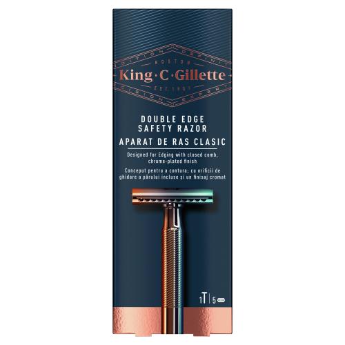 Gillette King C. Double Edge Safety Razor oboustranný holicí strojek s žiletkami pro muže holící žiletkový strojek 1 ks + náhradní žiletky 4 ks