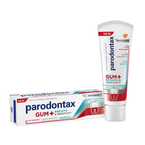 Parodontax Gum+ Breath & Sensitivity Whitening 75 ml bělicí zubní pasta proti problémům s dásněmi, zápachu z úst a citlivosti zubů unisex