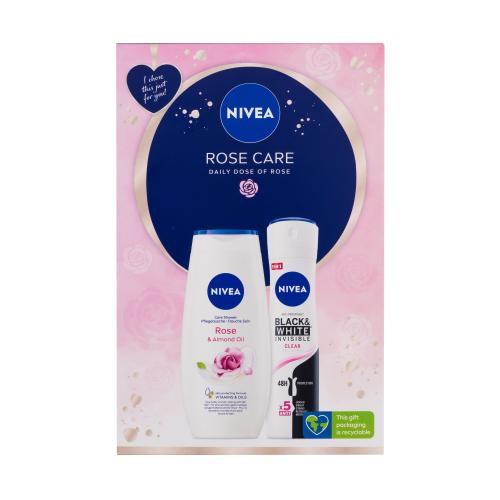 Nivea Rose Care dárková kazeta pro ženy sprchový gel Rose & Almond Oil 250 ml + antiperspirant Black & White Invisible Clear 150 ml