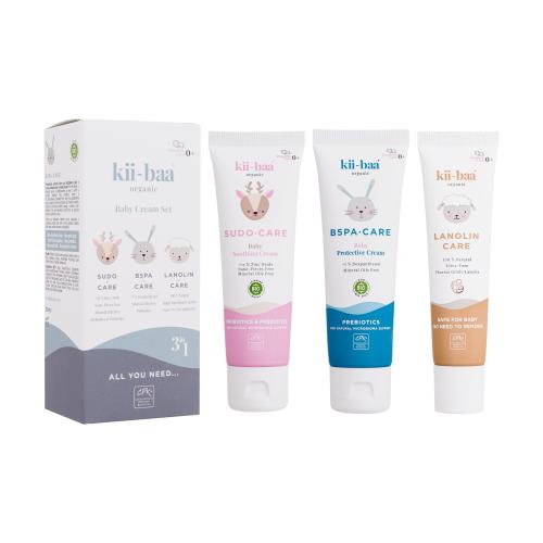 Kii-Baa Organic Baby Cream Set dárková kazeta pro děti dětský krém B5PA-CARE 50 g + dětský krém SUDO-CARE 50 g + dětská mast Lanolin Care 30 g