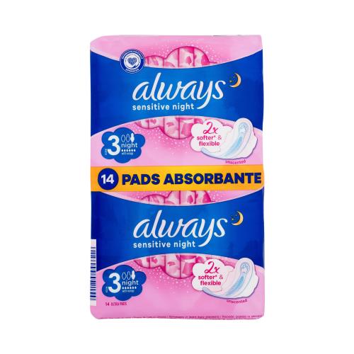 Always Sensitive Night noční šetrné hygienické vložky s křidélky pro ženy noční hygienická vložka s křidélky 14 ks