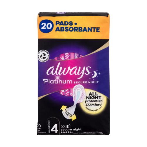 Always Platinum Secure Night noční hygienické vložky s křidélky a jemnou vůní pro ženy noční hygienická vložka s křidélky 20 ks