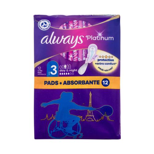 Always Platinum Day & Night hygienické vložky s křidélky a jemnou vůní vhodné na den i noc pro ženy hygienická vložka s křidélky 12 ks