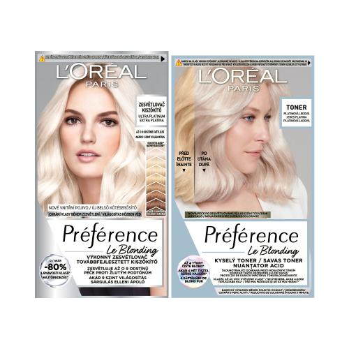 L'Oréal Paris Préférence Les Blondissimes set pro ženy barva na vlasy 60 ml Odstín Ultra Platinum + barva na vlasy 60 ml Odstín Platinum Ice