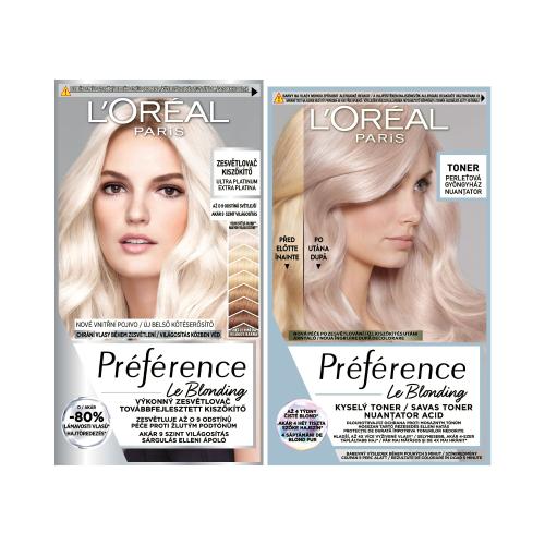 L'Oréal Paris Préférence Les Blondissimes set pro ženy barva na vlasy 60 ml Odstín Ultra Platinum + barva na vlasy 60 ml Odstín Platinum Pearl