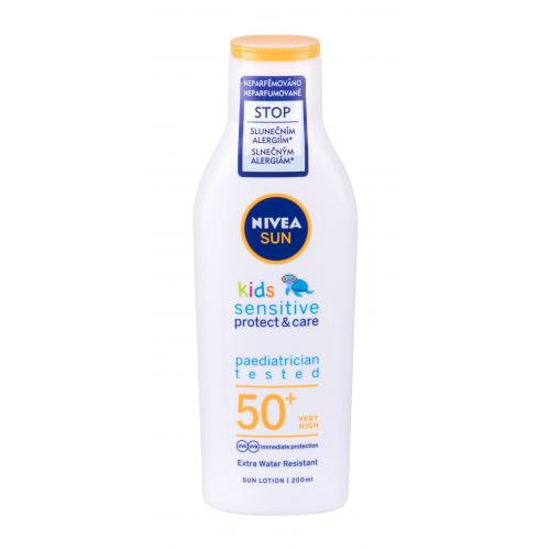 Nivea Sun Kids Protect & Sensitive Sun Lotion SPF50+ 200 ml voděodolné mléko na opalování pro citlivou dětskou pokožku pro děti