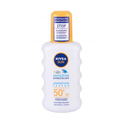 Nivea Sun Kids Protect & Sensitive Sun Spray SPF50+ 200 ml voděodolný sprej na opalování pro citlivou dětskou pokožku pro děti