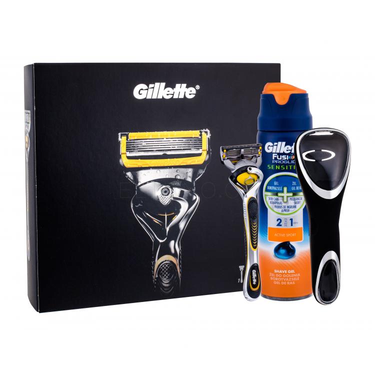 Gillette ProShield Dárková kazeta holicí strojek s jednou hlavicí 1 ks + gel na holení Fusion Proglide Sensitive Active Sport 170 ml + pouzdo na holicí strojek 1 ks