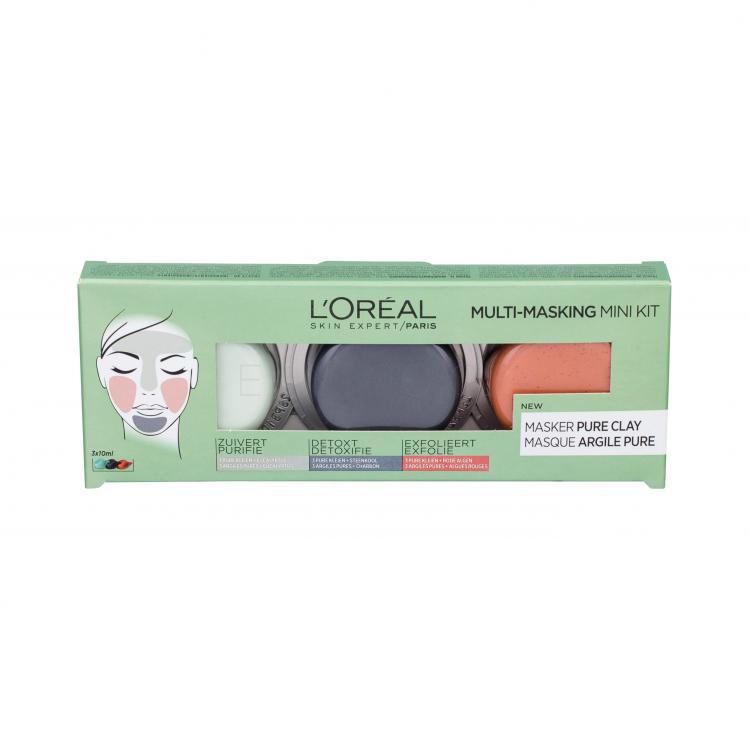 L&#039;Oréal Paris Pure Clay Multi-Masking Dárková kazeta pleťová maska Purifying Mask 10 ml + pleťová maska Detoxi Mask 10 ml + pleťová maska Exfoliating Mask 10 ml