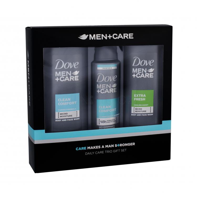 Dove Men + Care Clean Comfort Dárková kazeta sprchový gel 250 ml + deosprej 150 ml + sprchový gel Extra Fresh 250 ml