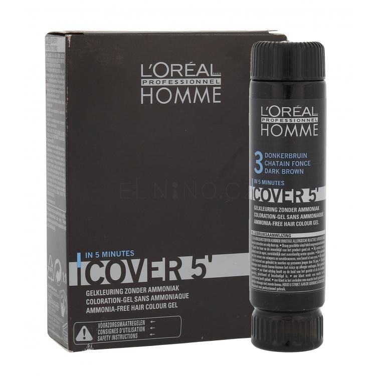 L&#039;Oréal Professionnel Homme Cover 5´ Barva na vlasy pro muže 3x50 ml Odstín 3 Dark Brown poškozená krabička