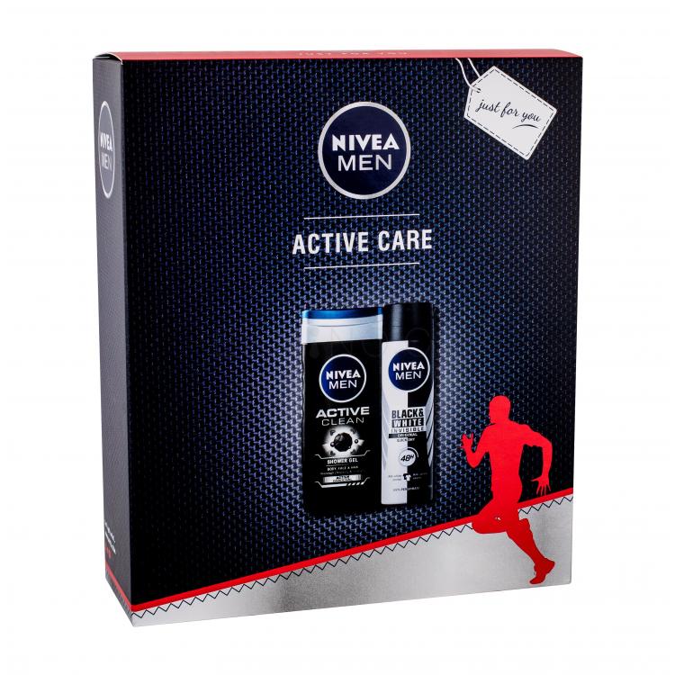 Nivea Men Active Clean Dárková kazeta sprchový gel 250 ml + antiperspirant Men Invisible Black &amp; White Original 150 ml