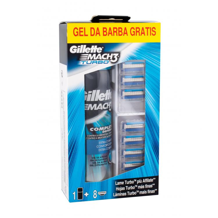 Gillette Mach3 Turbo Dárková kazeta náhradní hlavice 8 ks + gel na holení Extra Comfort 200 ml poškozená krabička