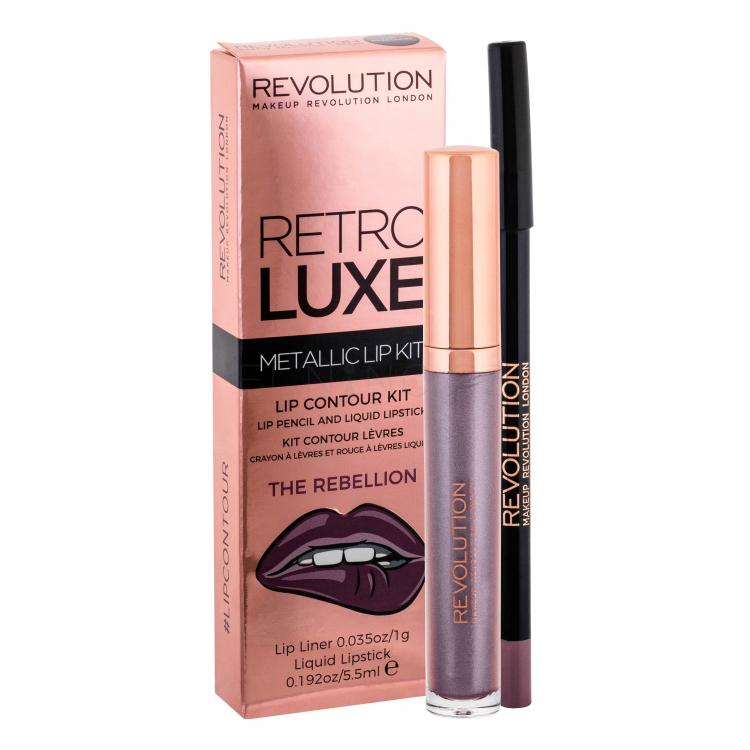 Makeup Revolution London Retro Luxe Metallic Lip Kit Dárková kazeta tekutá rtěnka 5,5 ml + konturovací tužka na rty 1 g