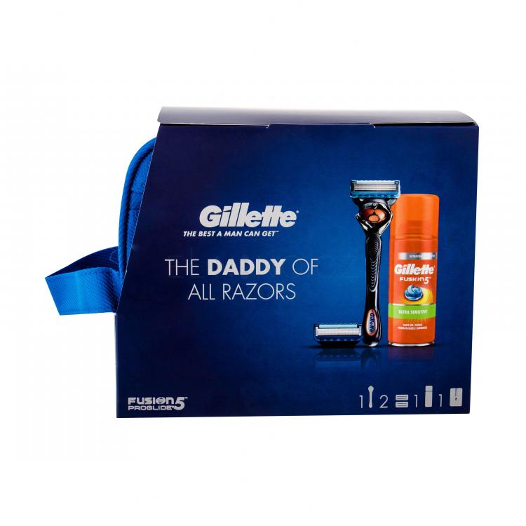 Gillette Fusion Proglide Flexball Dárková kazeta holicí strojek s jednou hlavicí 1 ks + náhradní hlavice 2 ks + gel na holení Fusion5 Ultra Sensitive 75 ml + kosmetická taška