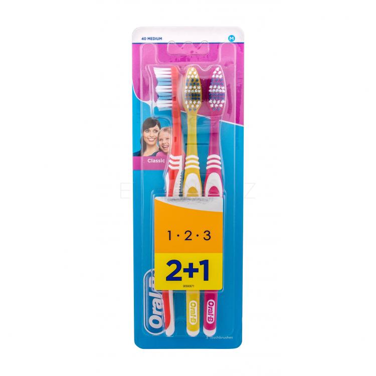 Oral-B 1-2-3 Classic Medium Klasický zubní kartáček 3 ks Odstín Red, Yellow, Pink
