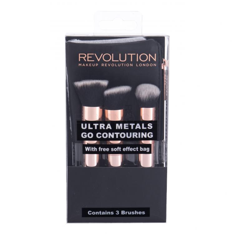 Makeup Revolution London Brushes Ultra Metals Go Contouring Dárková kazeta štětec na makeup 1 ks + blendovací štětec 1 ks + štětec na konturování 1 ks + kosmetická taštička 1 ks