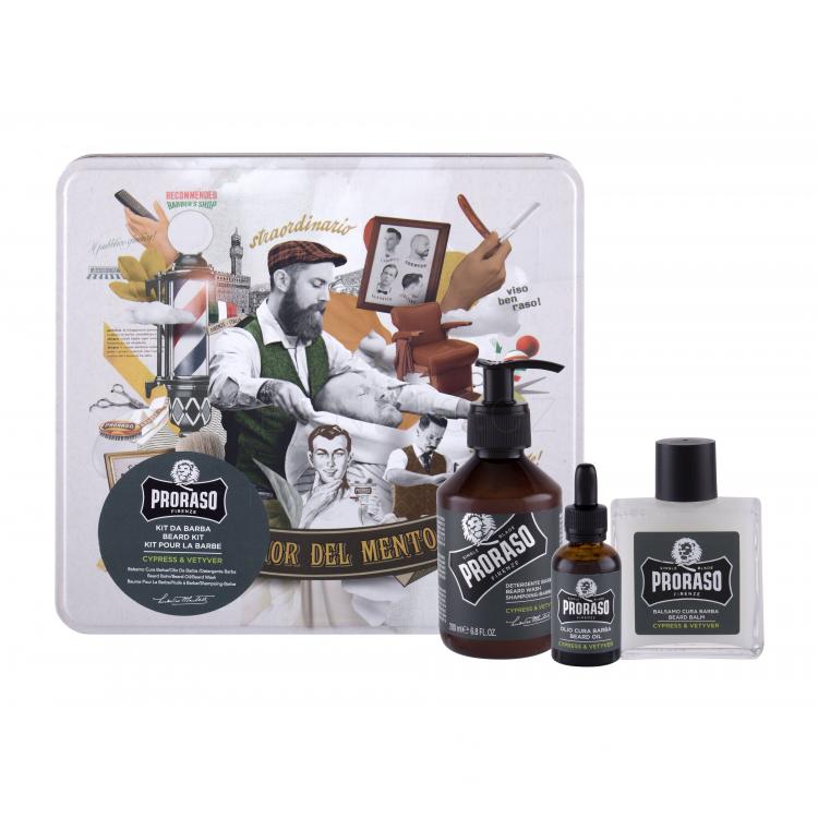PRORASO Cypress &amp; Vetyver Beard Wash Dárková kazeta šampon na vousy 200 ml + balzám na vousy 100 ml + olej na vousy 30 ml + plechová dóza