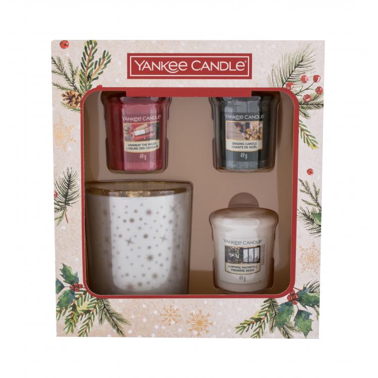 Yankee Candle Magical Christmas Morning Dárková kazeta votivní svíčka Unwrap The Magic 49 g + votivní svíčka Singing Carols 49 g + votivní svíčka Surprise Snowfall 49 g + svícen