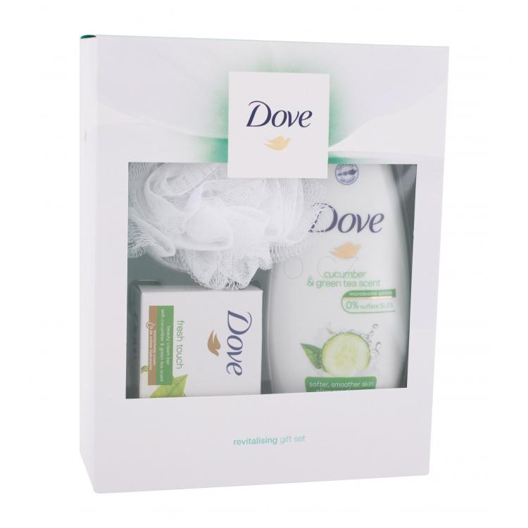 Dove Revitalising Gift Set Dárková kazeta sprchový gel Cucumber &amp; Green Tea 250 ml + tuhé mýdlo Fresh Touch 100 g + mycí houba