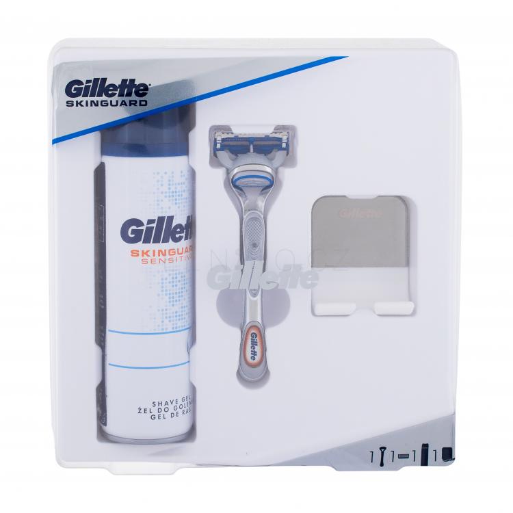 Gillette Skinguard Sensitive Dárková kazeta holicí strojek s jednou hlavicí Skinguard Sensitive 1 ks + gel na holení Skinguard Sensitive 200 ml + držák na holicí strojek