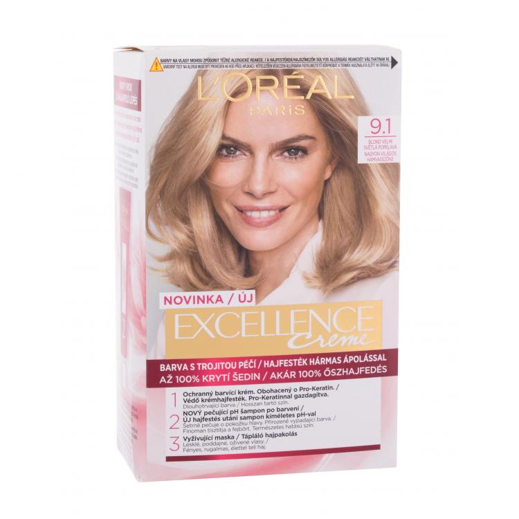 L&#039;Oréal Paris Excellence Creme Triple Protection Barva na vlasy pro ženy 48 ml Odstín 9,1 Natural Light Ash Blonde poškozená krabička