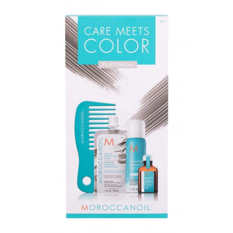 Moroccanoil Care Meets Color Dárková kazeta tónující maska na vlasy Color Depositing Mask 30 ml + suchý šampon Dry Shampoo Light Tones 65 ml + olej na vlasy Treatment Light Oil 15 ml + hřeben