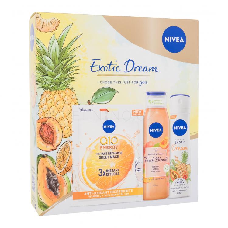 Nivea Exotic Dream Dárková kazeta sprchový gel Fresh Blends Apricot 300 ml + deodorant Exotic Dream 150 ml + textilní pleťová maska Q10 Energy 1 ks