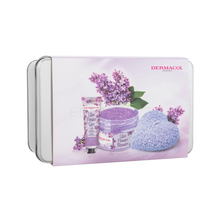 Dermacol Lilac Flower Shower Body Scrub Dárková kazeta tělový peeling Lilac Flower Shower 200 g + krém na ruce Lilac Flower Care 30 ml + dekorativní vonná svíčka + plechová krabička